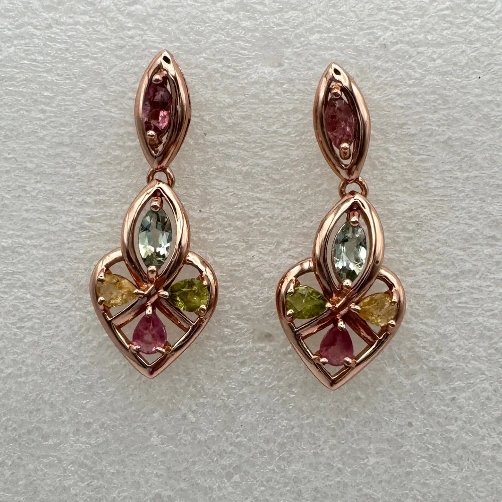 ETR2 2CT Natural Rainbow Tourmaline ART DECO HEART Earrings 18K Rose Gold S925